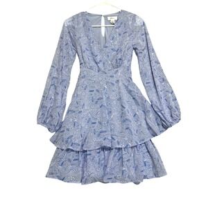 Japna Womens Blue Floral Long Sleeve Tiered Mini Dress XS Smocked Cottagecore